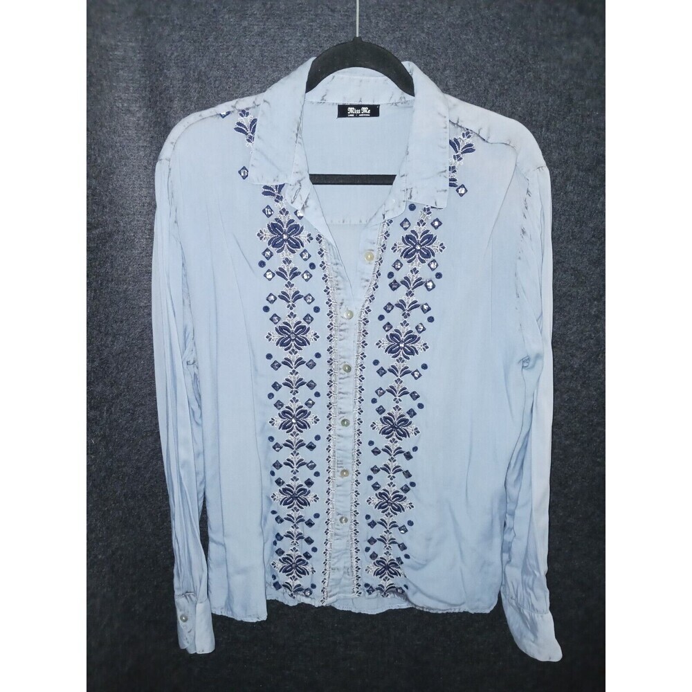 Miss Me Light Blue Dress Shirt With Black Silver Floral‎ Embroidery Large Womens
